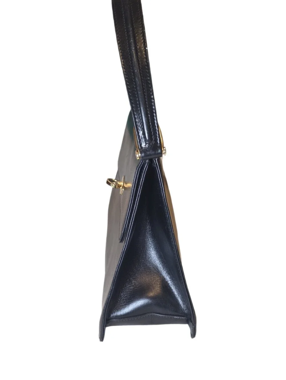 Vintage Black Leather Kelly Style Top Handle Bag Clasp Satchel